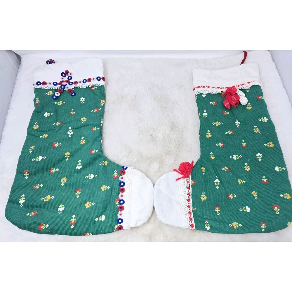 Handmade‎ Quilt Stockings 19" Green And White Floral New High Quality Vintage